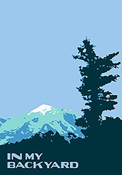 A blue logo of a tree's silhouette in the foreground with a mountain in the background