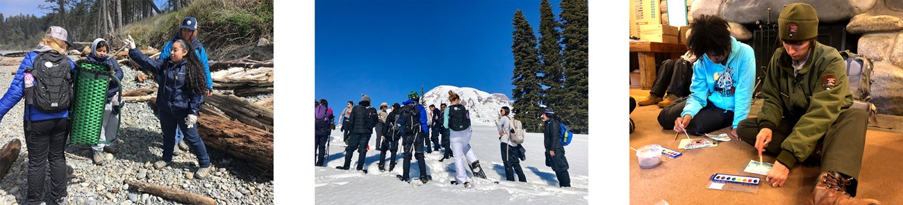 People stand on a beach while picking up trash. Group of people snowshoeing, lined up on a snow bank. Two people sitting on the floor, painting with watercolor.