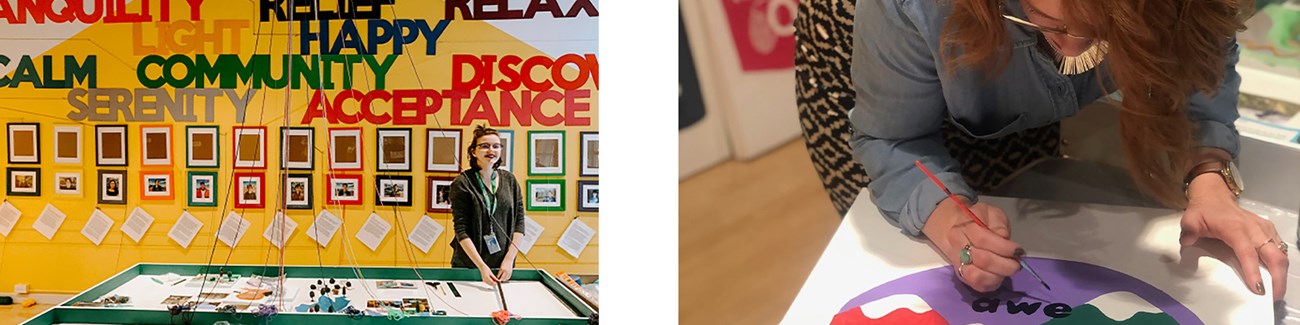 Left:Person standing in a colorful exhibit room. Right:Person holding a paintbrush, painting on a canvas.