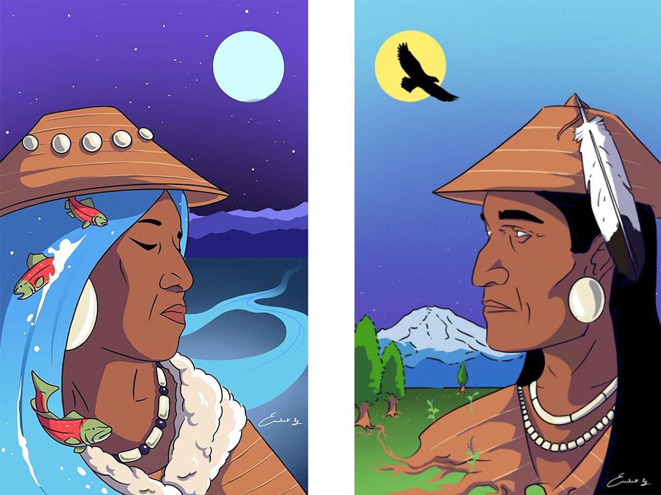 Left: An artists rendition of a woman's profile with spawning salmon in her hair and a river in the background. Right: An artist's rendition of a man's profile with a mountain in the background and tree roots growing out of his chest.
