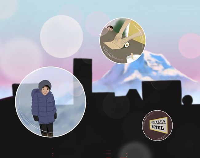 A graphic with a mountain and buildings in the background with people in bubbles in the foreground.