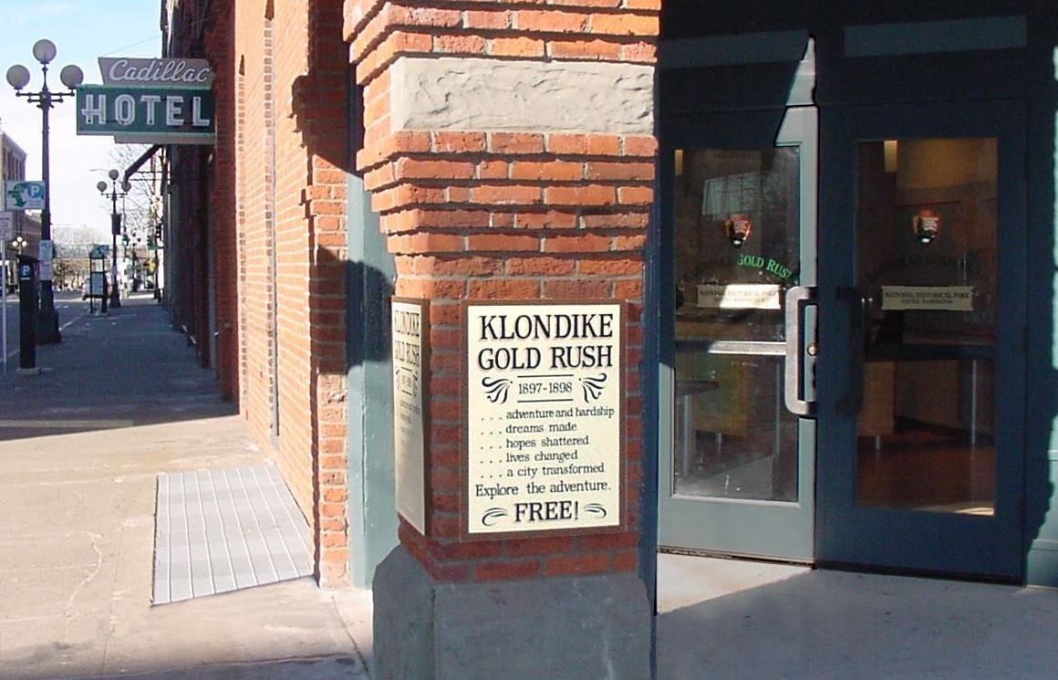 Entrance with historic hotel sign in background