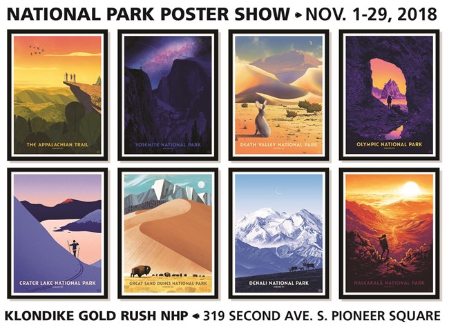 The National Park Poster Show on exhibit Nov 1-29, 2018. 8 stylized posters depicting national park sites across the country with exhibit dates and location
