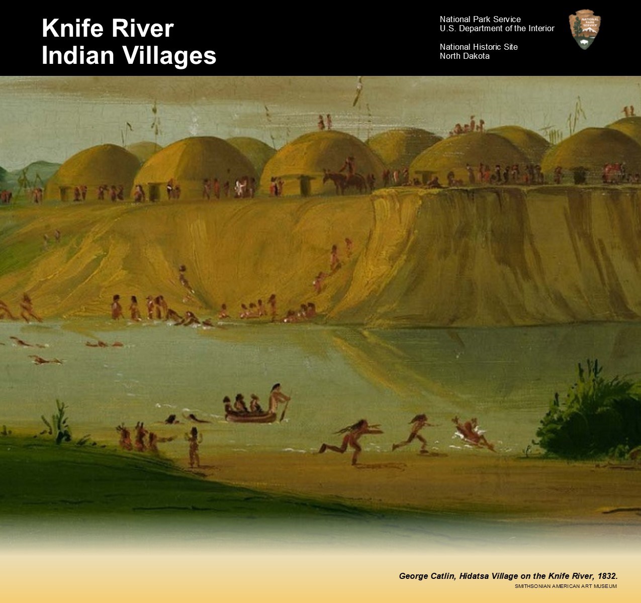 A painting of earthlodges above a river where native americans engage in various activities near the water.  Text reads: Knife River Indian Villages National Park Service U.S. Department of the Interior National Historic Site North Dakota