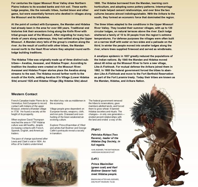 The brochure's second page with paintings of Two Ravens in full regalia, and one of Prince Maximilian and Karl Bodmer meeting Hidatsa people. Text describes the Hidatsa, Mandan, and Arikara's history and western contact.