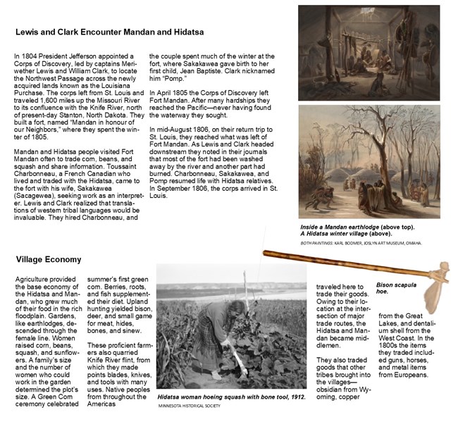 Lewis and Clark's history with the Mandan and Hidatsa, and village economy of gardening and trading. Images are of an earthlodge interior, a winter earthlodge village, bison scapula hoe, and woman hoeing a garden.