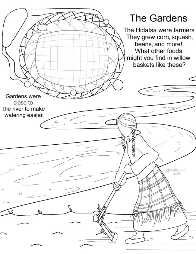 A coloring page of a native american woman working in her garden with a garden hoe near a river, and an empty willow basket.