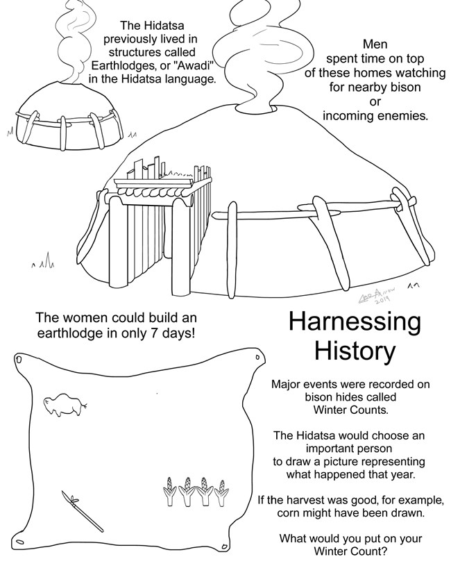 A coloring page of an earthlodge and winter count with information about each.