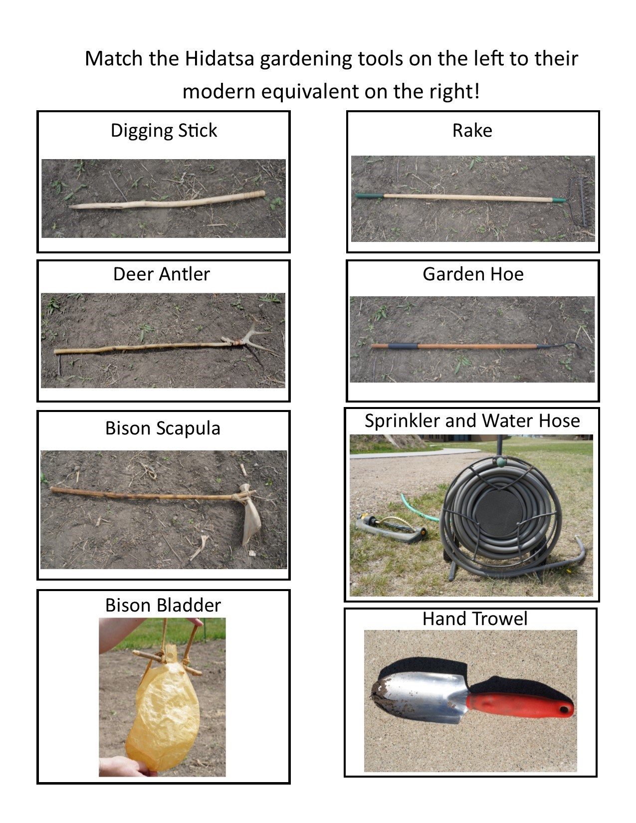 Eight images split into sections with four Hidatsa gardening tools on the left and four modern gardening tools on the right.