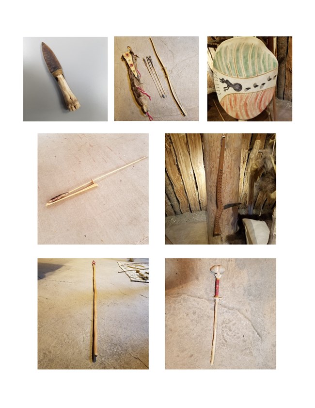 Pictures of weapons used by Plains Indians including knife, atlatl, lance, clubs, shield, bow and arrows.