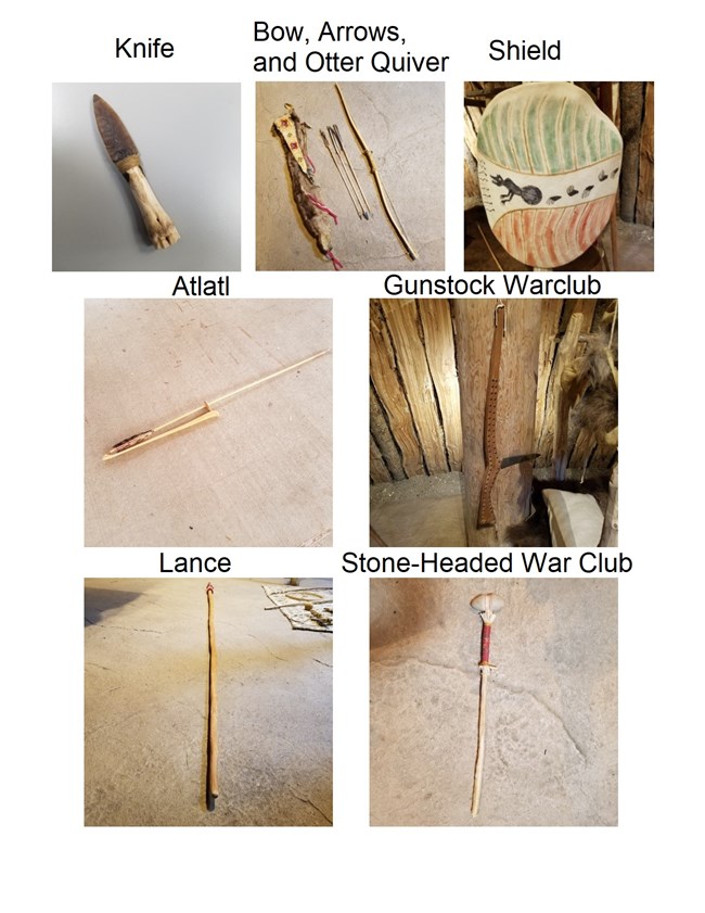 Answer key pictures of weapons used by Plains Indians including knife, atlatl, lance, clubs, shield, bow and arrows.