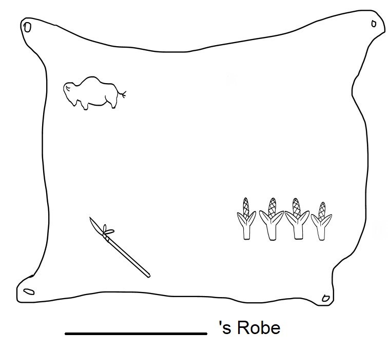 A bison robe with images of corn, a spear, and a bison.