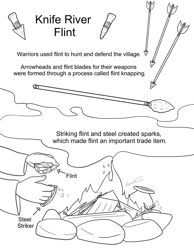 A coloring page about flint and its various uses including weaponry and fire starting.