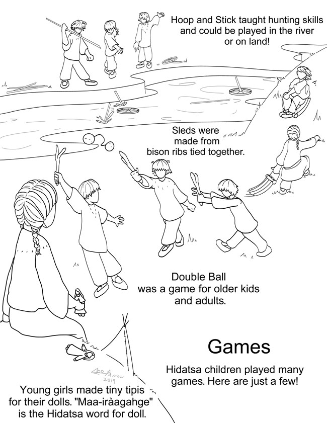 A coloring page of children playing various games including hoop and stick, double ball, sledding, and playing with dolls.