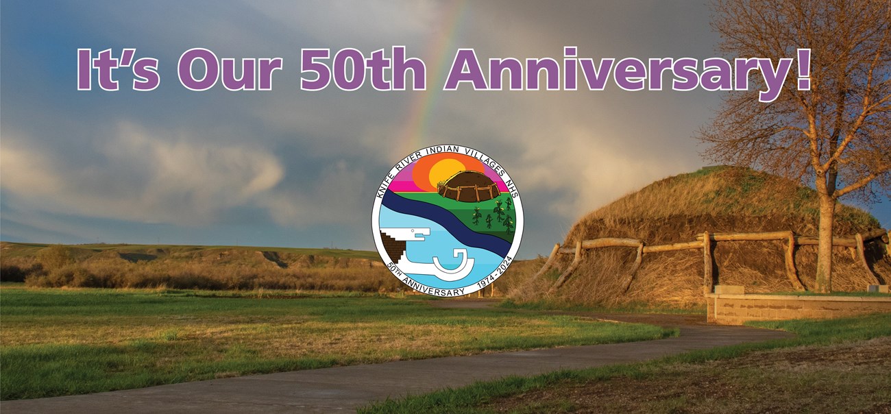a winding path leads to an earthlodge. Our 50th logo is on top. The text reads "It's Our 50th Anniversary"
