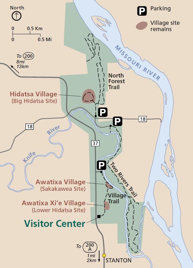 Wayfinding map showing the Visitor Center, village sites, major highways, Missouri River, and trails. The trails include the Village Trail, Two Rivers Trail, and North Forest Trail.
