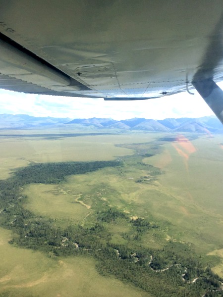 blue mountains with green tundra in front of it with airplane wing in corner