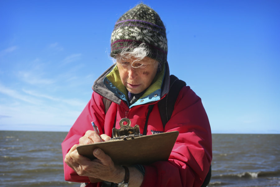 woman in red jacket writing on a clipboard by the ocean
