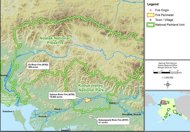 August 3, 2015 map of wildfires in and around Kobuk Valley National Park