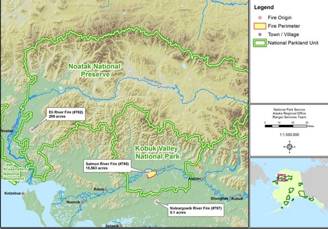 August 3, 2015 map of wildfires in and around Kobuk Valley National Park