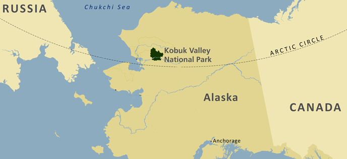 a map of Alaska showing Kobuk Valley in the northwest corner of the state