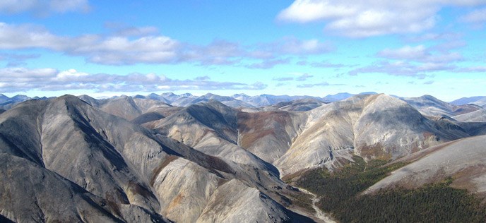 gray mountains loom over a forested river, with blue sky and white clouds above