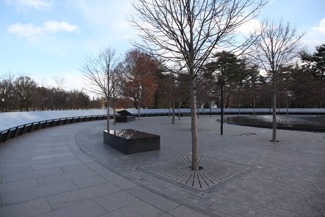 A circular pool is seen in the right. Linden trees in the winter and benches line the pool.