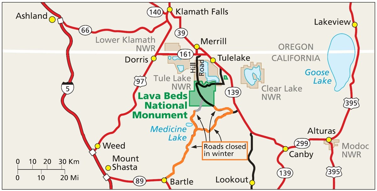 Map showing winter road closures to the South of Lava Beds