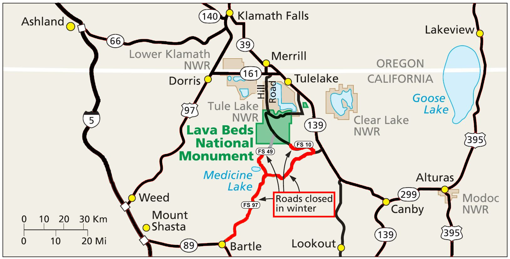 Area Map showing roads that are not maintained or that might be closed during winter weather.