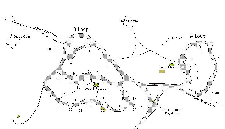 campground map detailing site locations 1-43 in A and B camp loop.