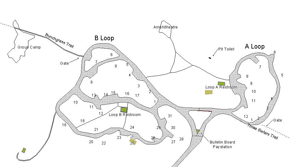 Campground map detailing site locations 1-43 in A and B camp loop.