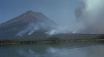 Taken in July 1953, this photo looks across Hardenburg Bay to where smoke from the fire is visible on the flanks of Tanalian Mountain. Taken in July 1953, this photo looks across Hardenburg Bay to where smoke from the fire is visible on the flanks of Tanalian Mountain.