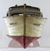 wooden model boat, viewed from the bow end wooden model boat, viewed from the bow end