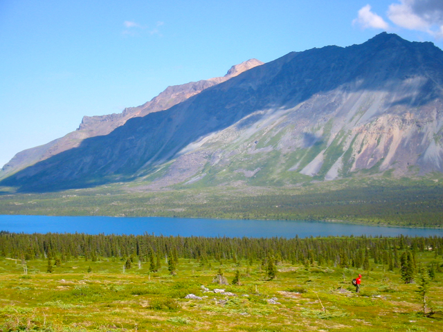 The little red dot is a National Park Service archaeologist surveying near Twin Lakes in 2002.