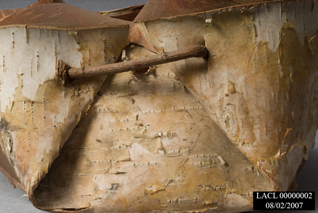 Close up photo showing the details of one of the birch bark baskets used to fight the July 1953 forest fire near Port Alsworth.