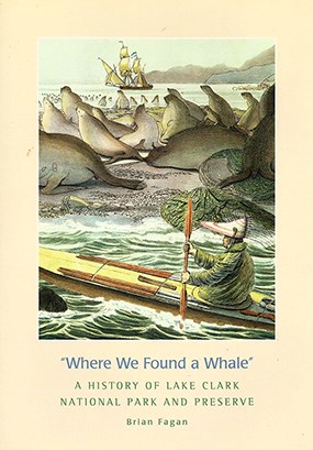 Book Cover for "Where We Found A Whale" featuring a painting of an Alutiiq hunter paddling his kayak past a seal rookery with a large European ship sailing in the background.