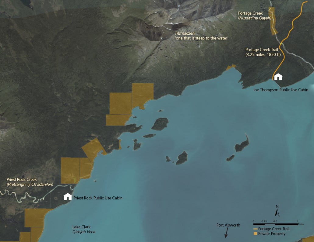 a map depicting where the two public use cabins are on Lake Clark and where there is private land in the areas of the cabins