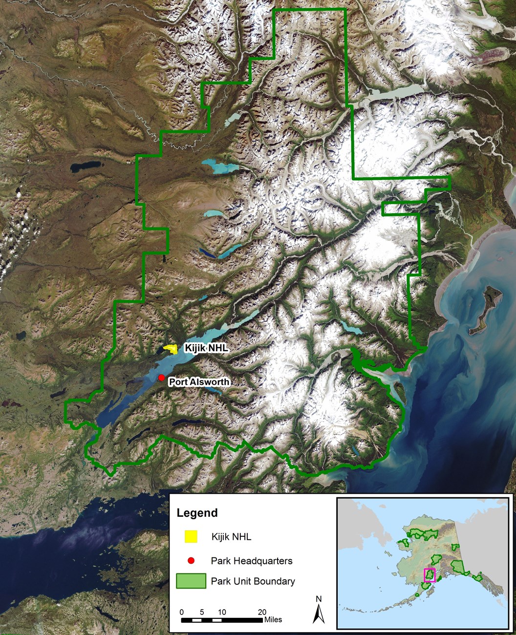 Map of Lake Clark National Park and Preserve with Kijik National Historic Landmark, marked in yellow.