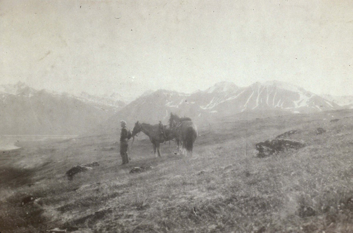 Historic image of a man on a hillside with two horses overlooking a lake.