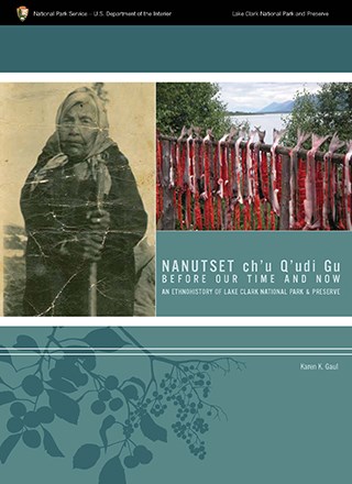Front cover of Nanutset ch'u Q'udi Gu. Features a photograph of a Dena'ina woman and a photograph of salmon drying on a traditionl fish drying rack.