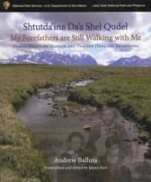 book cover showing a stream flowing through a tree-less landscape, distant mountains and faint image of three alaska natives