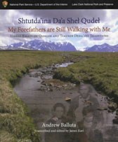 book cover showing a stream flowing through a tree-less landscape, distant mountains and faint image of three alaska natives