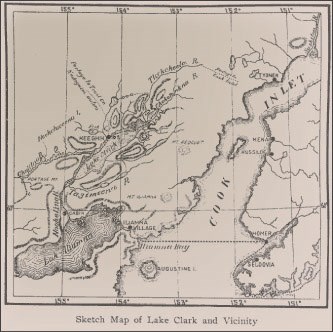 sketched map showing an inlet and the area that is now called lake clark national park and preserve
