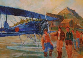 painting of several men standing near a small propeller airplane