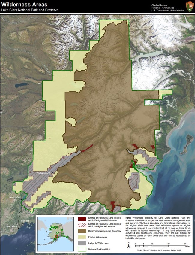 Map of Lake Clark’s Wilderness Areas. The map indicates the variety of land status designations across the park.