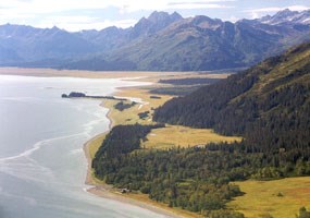 aerial view a coastline near the ocean with narrow meadows and tall mountains rising.