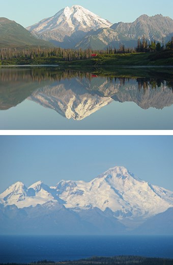Composite of two images. The top photo shows a tall, snow-covered volcano reflecting in a lake fringed by forest. The bottom photo shows a series of snow-covered mountains and a snow-covered volcano looming above the ocean