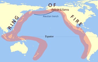 Map showing where Redoubt and Iliamna sit on the Ring of Fire.