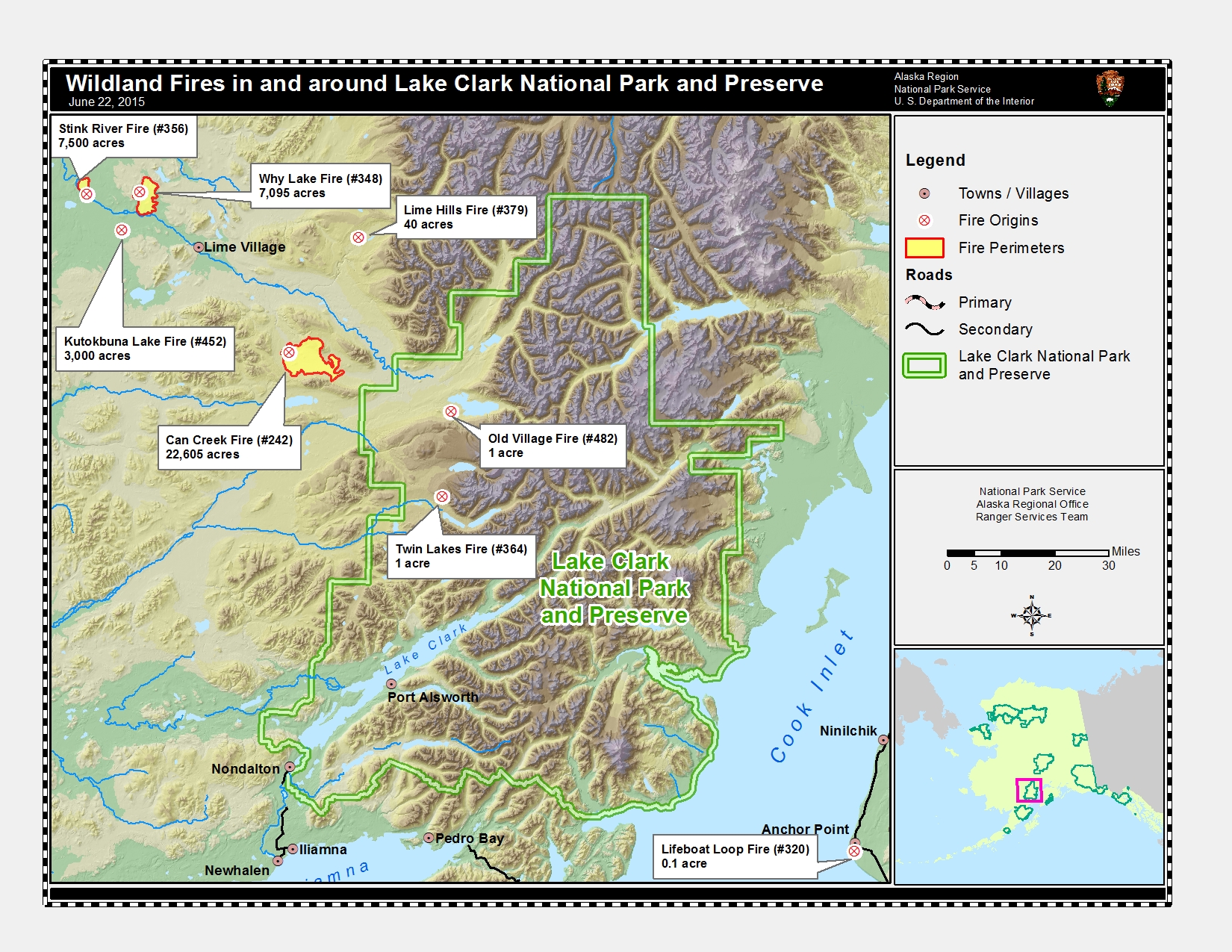 Map showing fires in the park including one near Telaquana Lake and one near Lower Twin Lake.