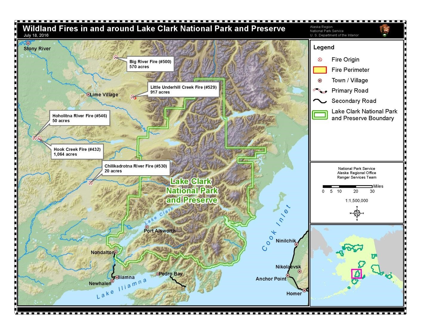 Map showing locations of 5 wildland fires burning west of the National Preserve boundary.